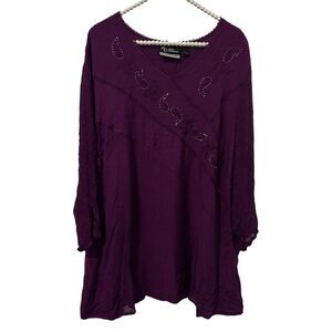 Added Dimensions Tunic Top Womens 2X Purple Sheer Sleeve Embroidered Boho Blouse
